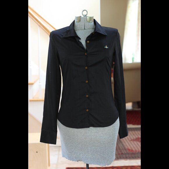 VIVIENNE WESTWOOD Solid Black & Embroidered Logo Long Sleeve Button Down Shirt - Picture 1 of 5